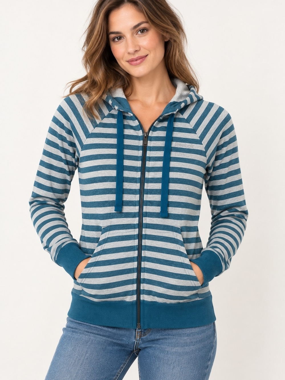 Reebok Teal and Light Gray Striped Zip-Up Hoodie